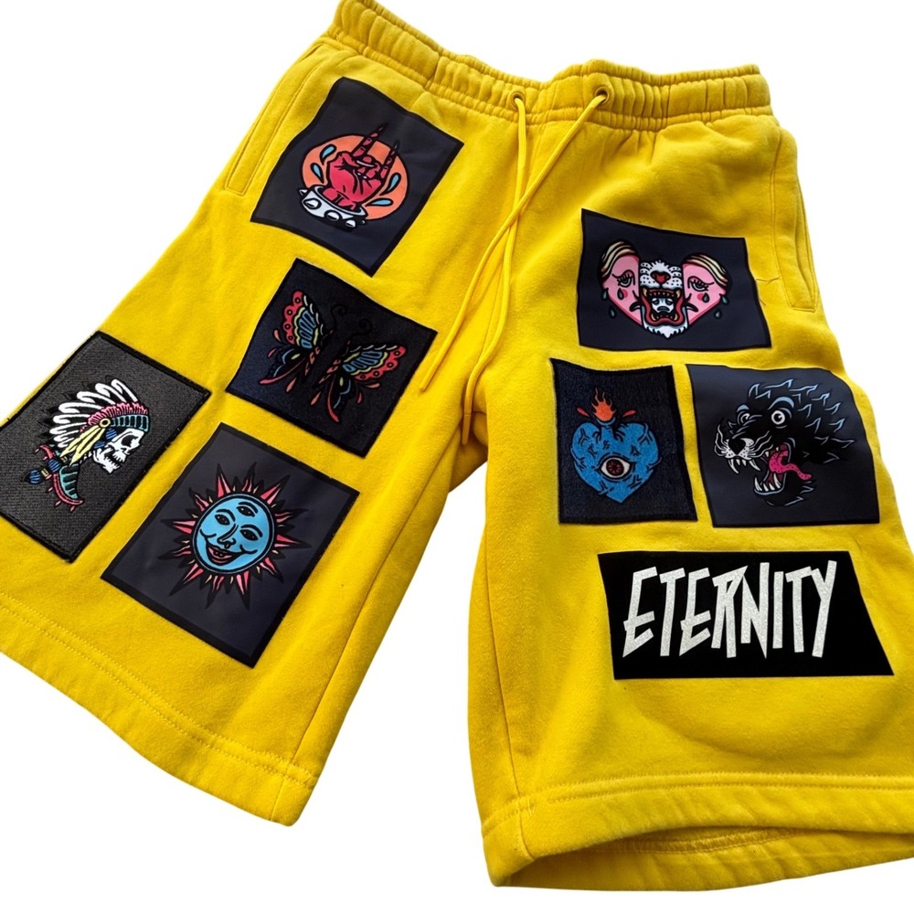 Eternity BCAD Graphic Patch Shorts Mens XL Yellow Fleece Streetwear